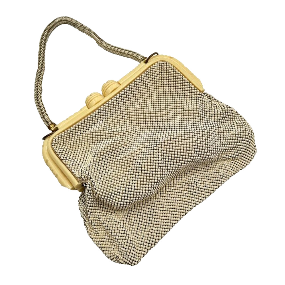 Vintage Whiting and Davis Alumesh Purse w Cream Bakelite Closure Mesh Handle